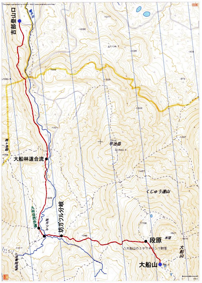 吉部登山口〜大船山（九重連山）登山ルートマップ