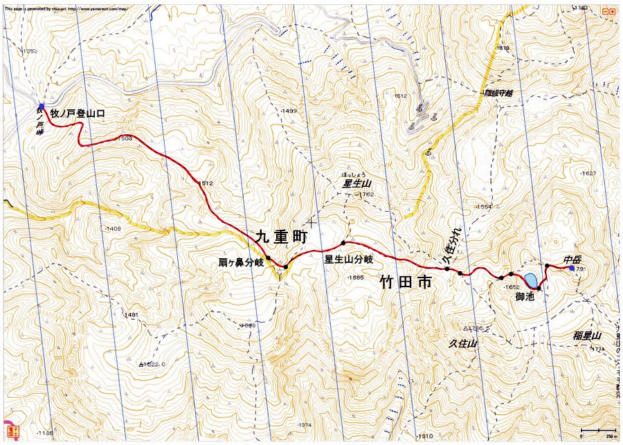 牧ノ戸登山口〜中岳（九重連山）登山ルートマップ