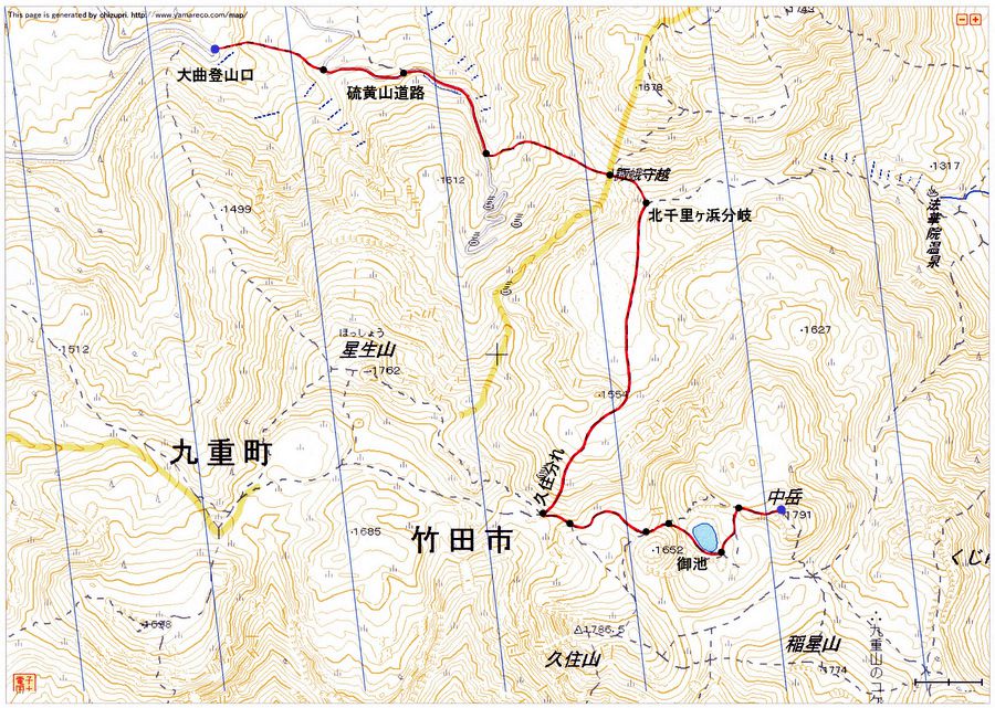 大曲登山口〜中岳（九重連山）登山ルートマップ