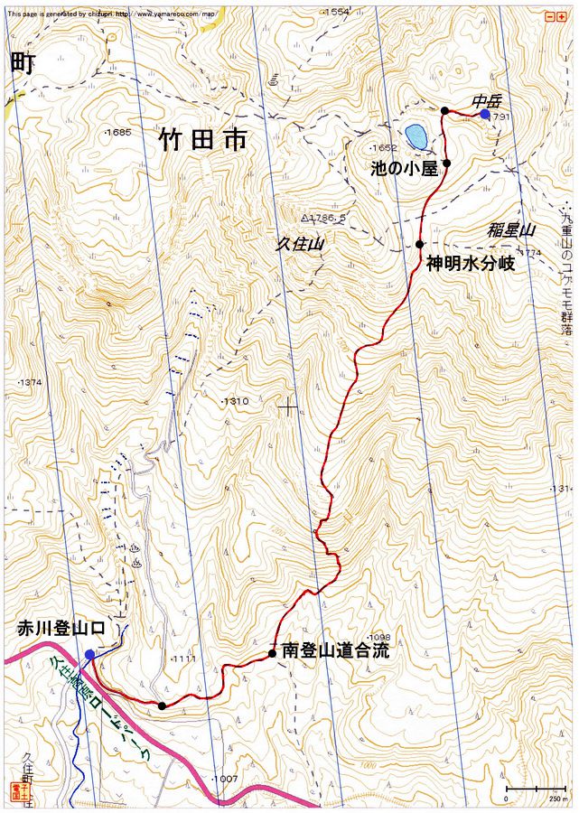 赤川登山口〜中岳（九重連山）登山ルートマップ