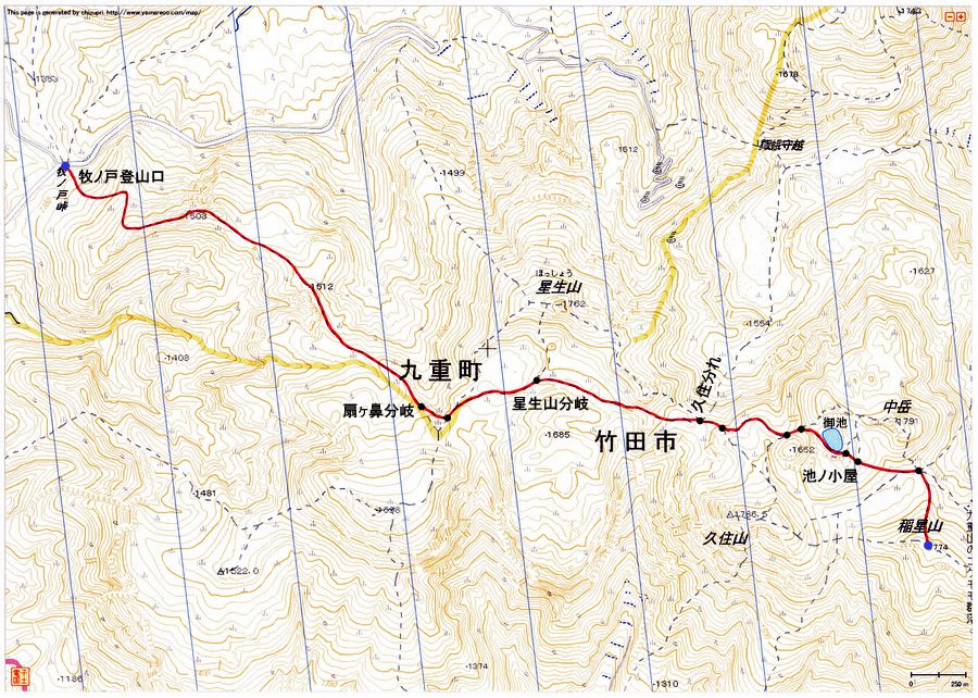 牧ノ戸登山口〜稲星山（九重連山）登山ルートマップ