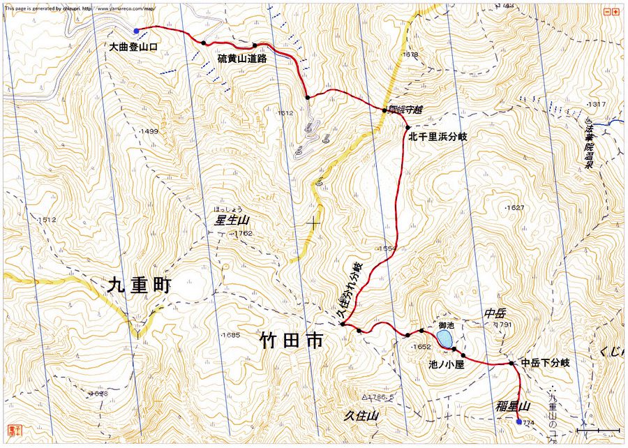 大曲登山口〜稲星山（九重連山）登山ルートマップ