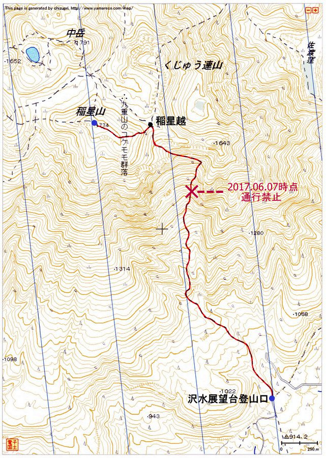 沢水展望台登山口〜稲星山（九重連山）登山ルートマップ