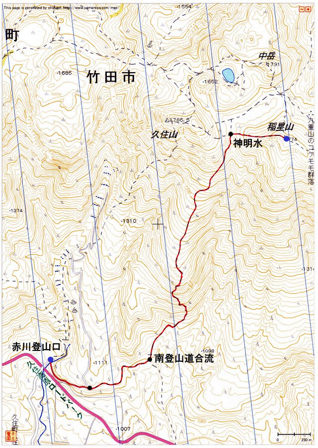 赤川登山口〜稲星山（九重連山）登山ルートマップ
