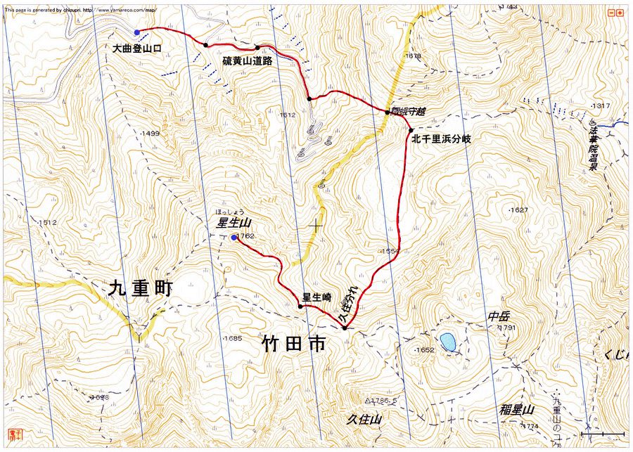 大曲登山口〜星生山（九重連山）登山ルートマップ