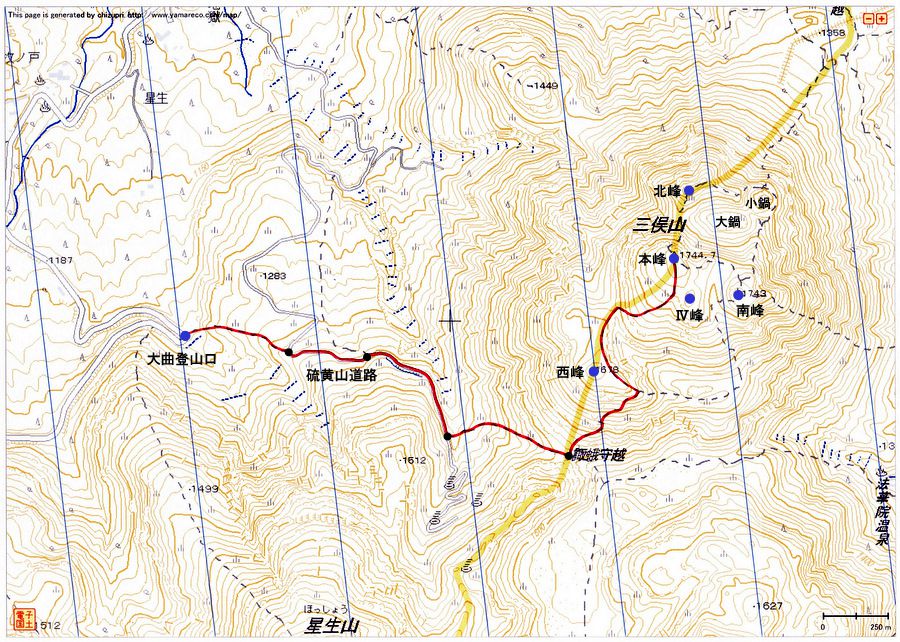 大曲登山口〜三俣山（九重連山）登山ルートマップ