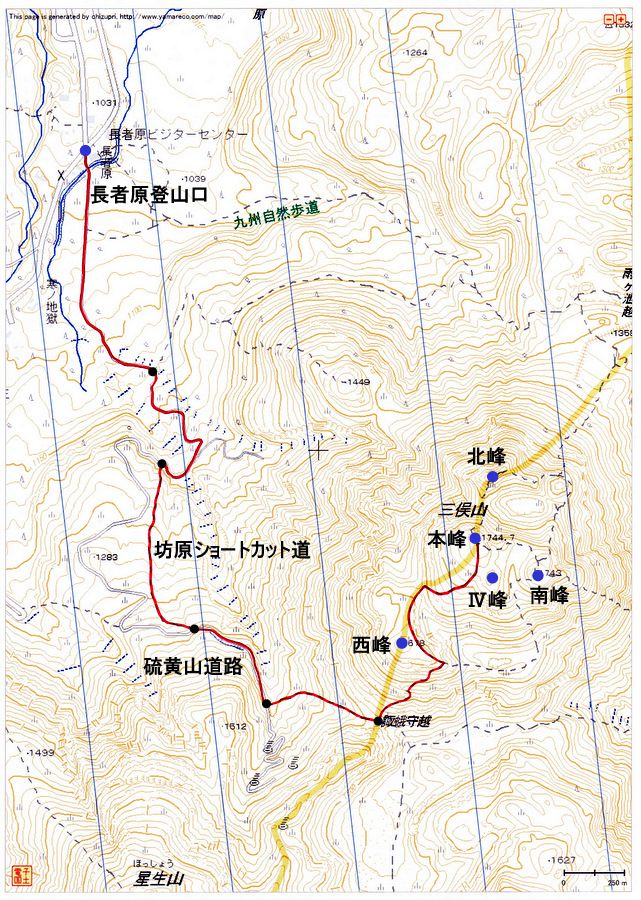 長者原登山口〜三俣山（九重連山）登山ルートマップ