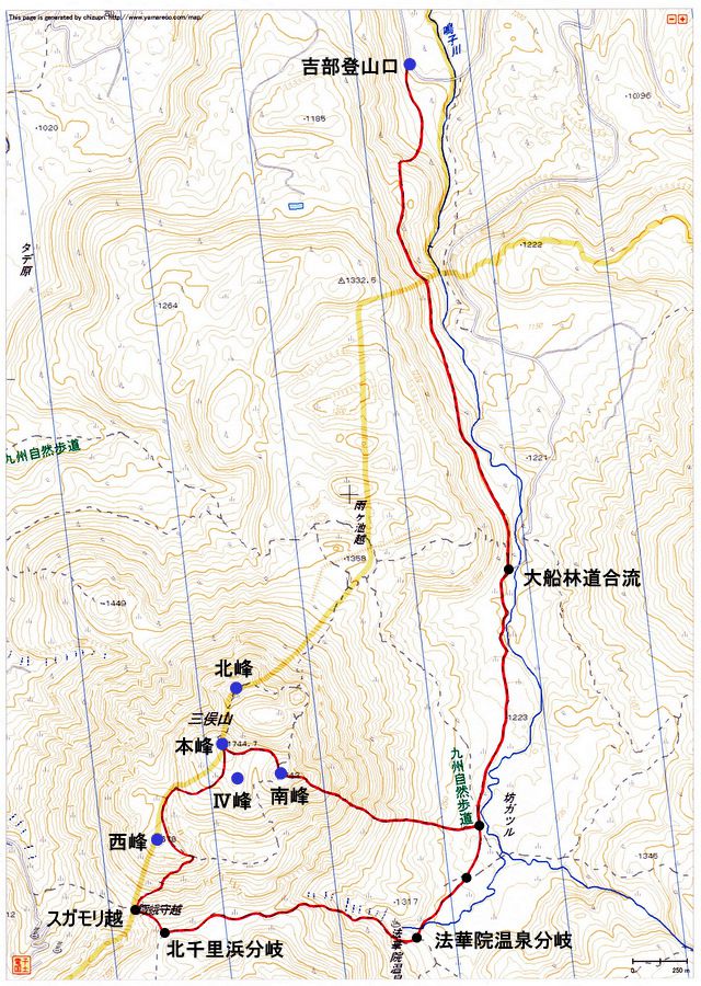 吉部登山口〜三俣山（九重連山）登山ルートマップ