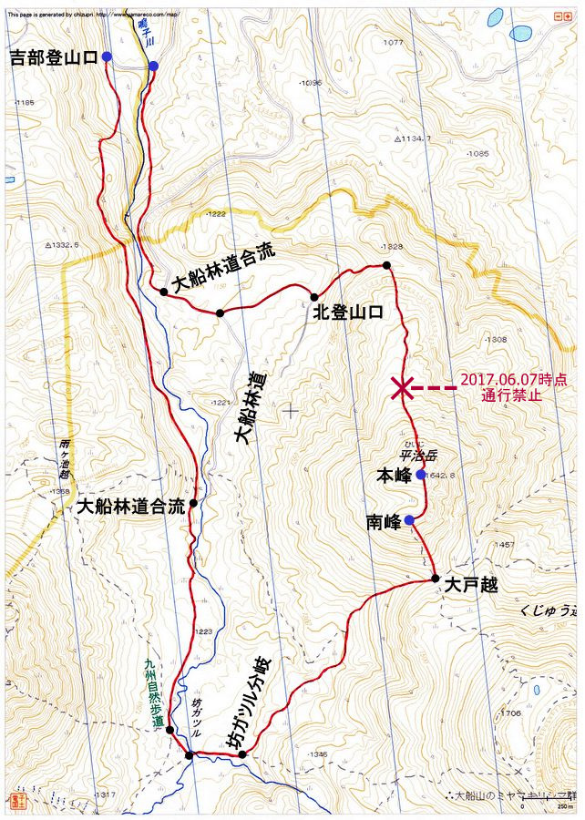 吉部登山口〜平治岳（九重連山）登山ルートマップ