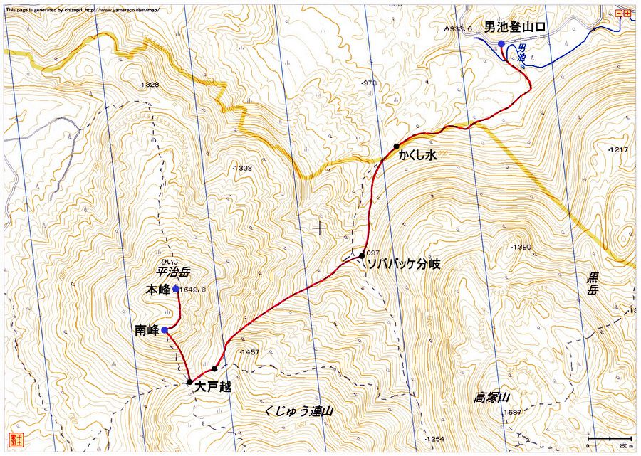 男池登山口〜平治岳（九重連山）登山ルートマップ