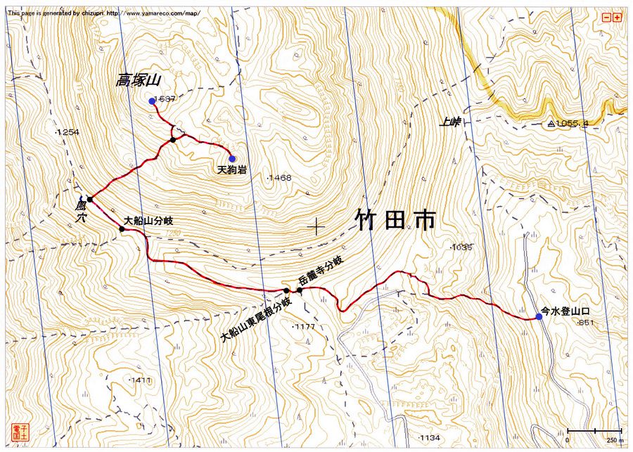今水登山口〜黒岳・高塚山・天狗岩（九重連山）登山ルートマップ