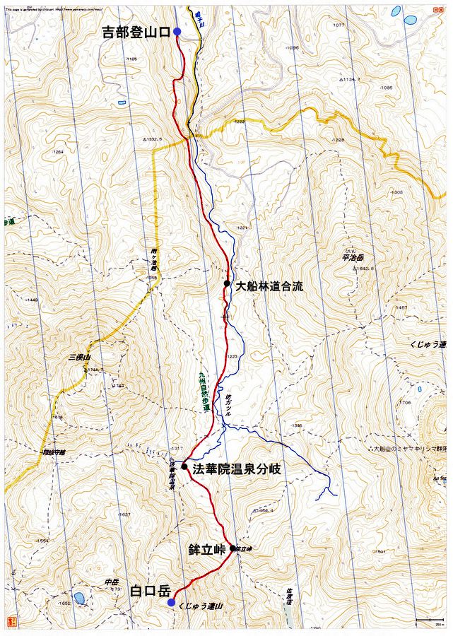 吉部登山口〜白口岳（九重連山）登山ルートマップ