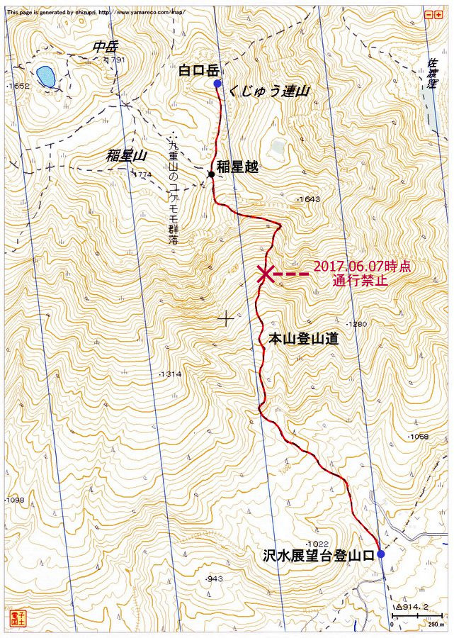 沢水展望台登山口〜白口岳（九重連山）登山ルートマップ