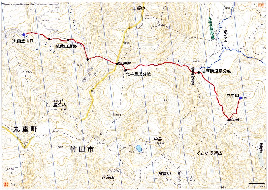 大曲登山口〜立中山（九重連山）登山ルートマップ