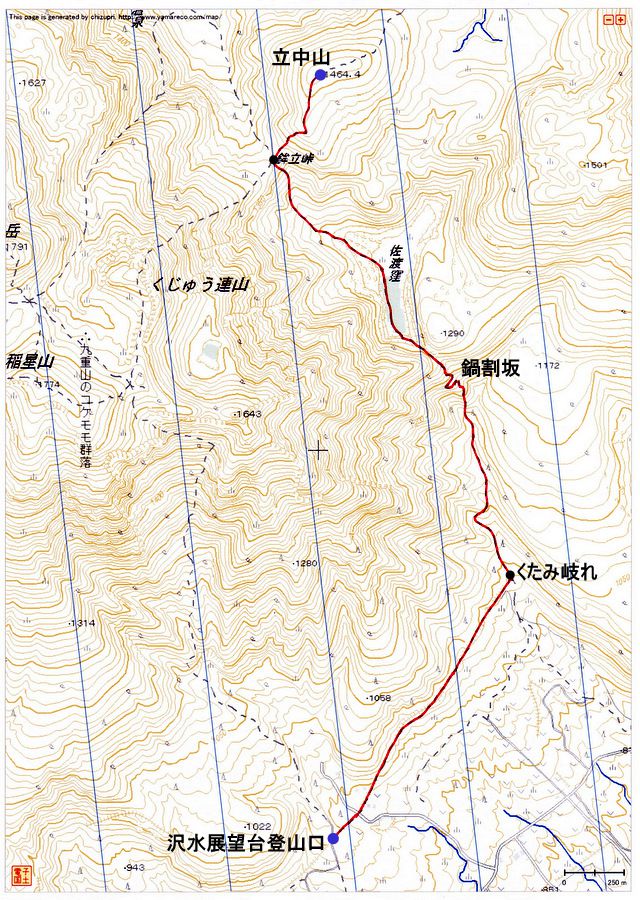 沢水展望台登山口〜立中山（九重連山）登山ルートマップ