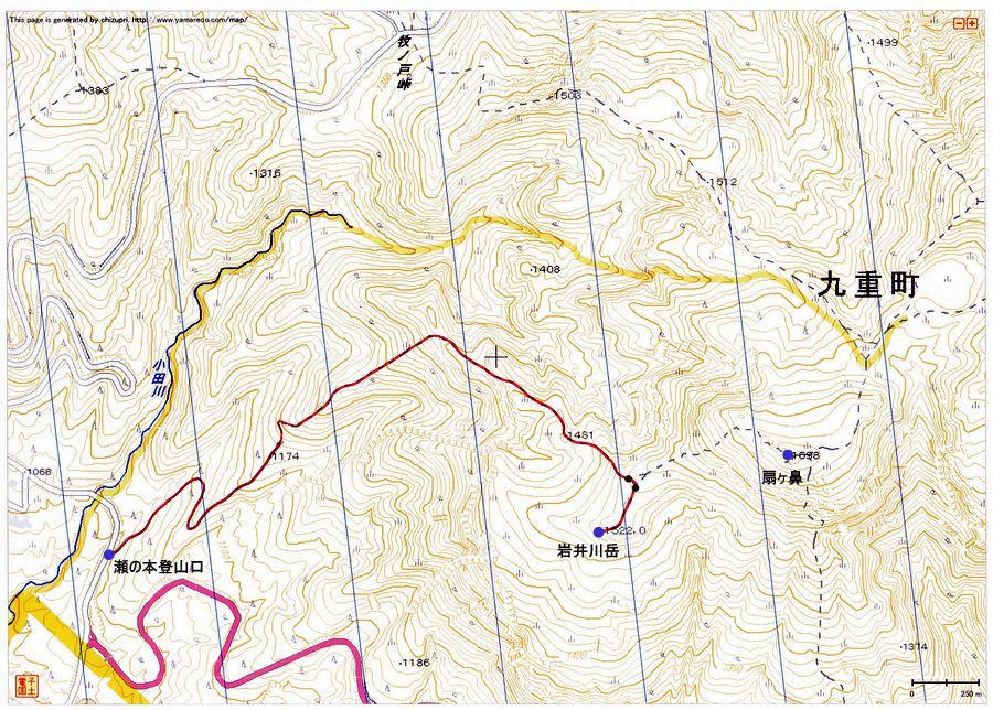 瀬の本登山口〜岩井川岳（九重連山）登山ルートマップ