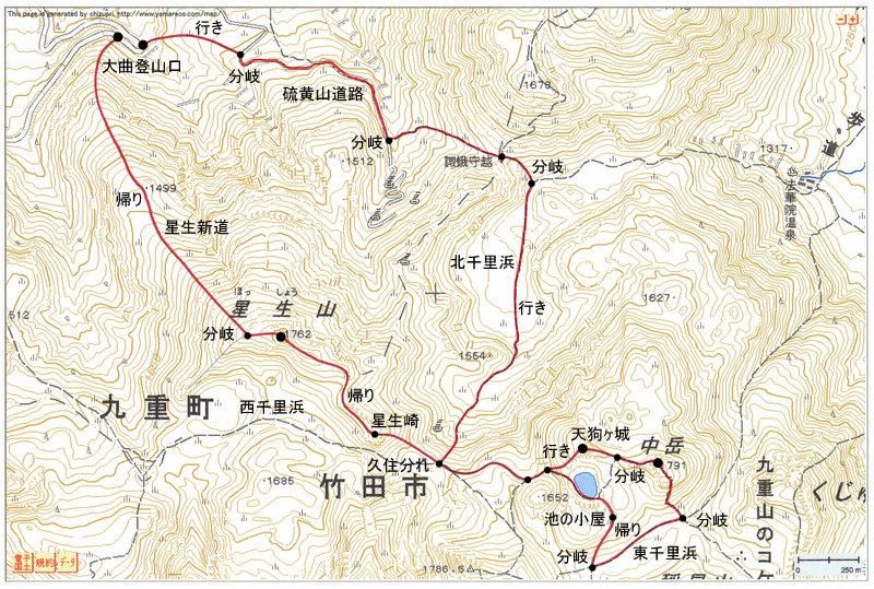 2010.03.12　天狗ヶ城（九重連山・大分）ルートマップ