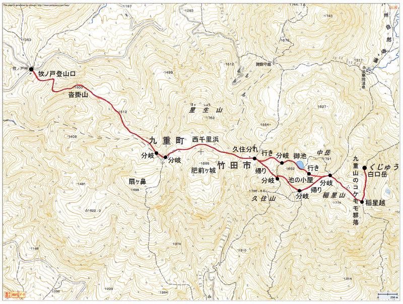 2010.05.21　白口岳（九重連山・大分）ルートマップ