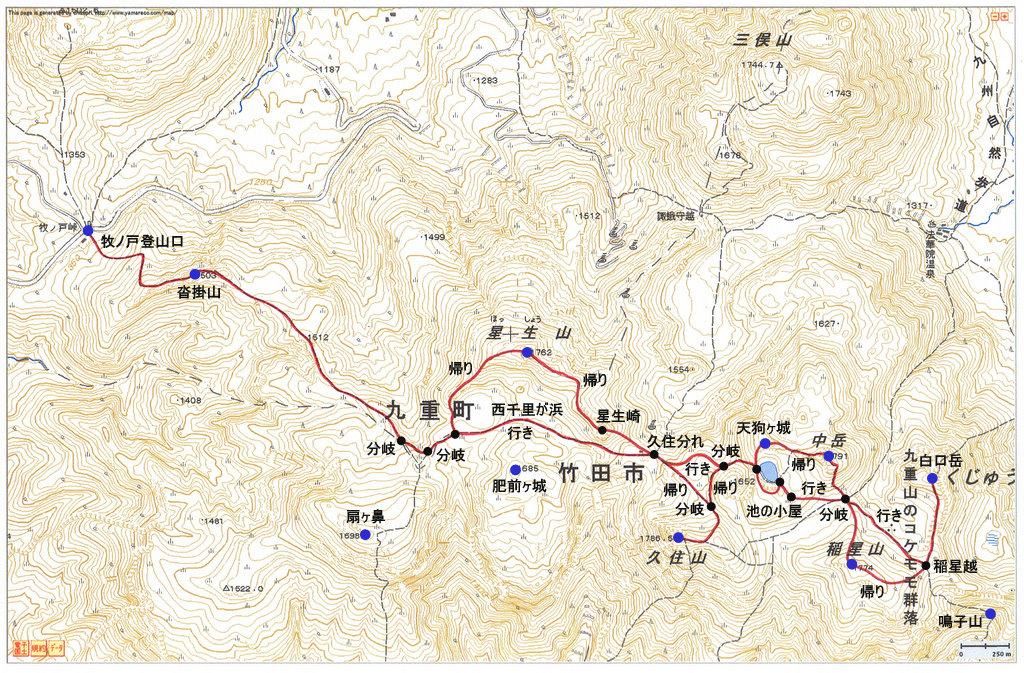 2010.07.18　白口岳（九重連山・大分）ルートマップ