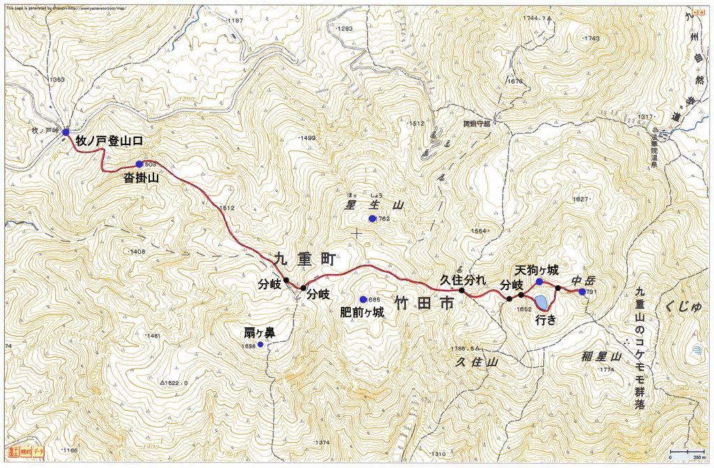 2010.08.08　中岳（九重連山・大分）ルートマップ