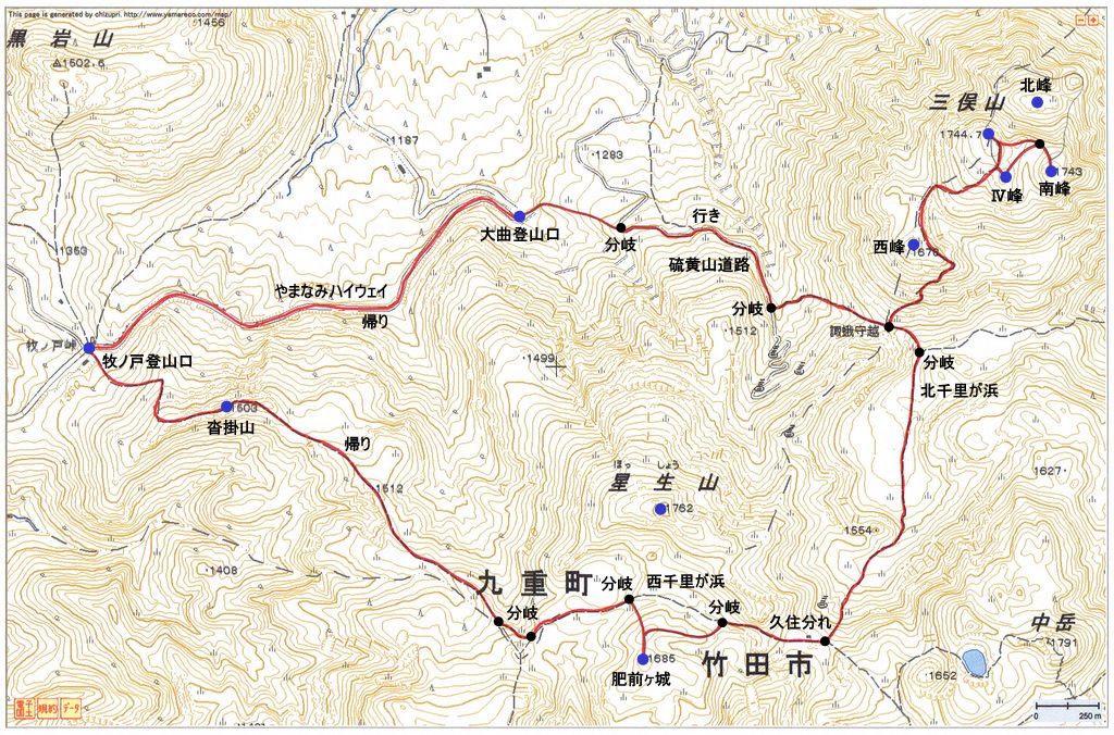 2010.10.28　三俣山・南峰（九重連山・大分）雲海登山ルートマップ