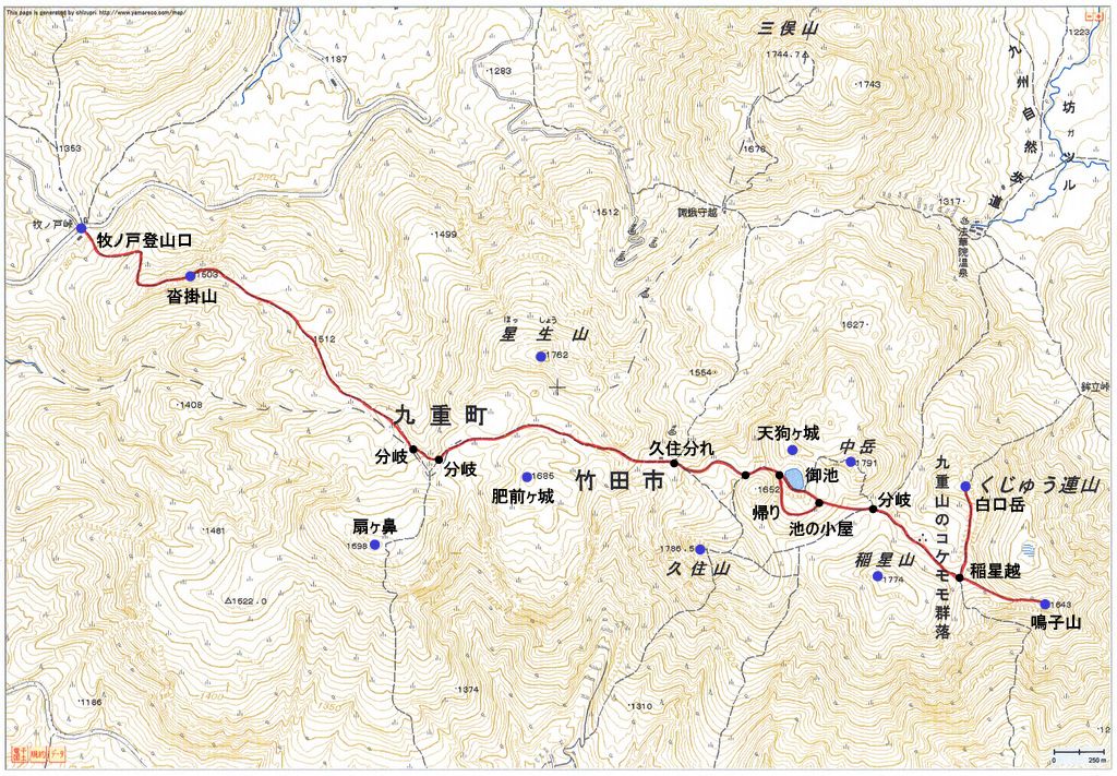 2010.11.29　鳴子山（九重連山・大分）朝駆け登山ルートマップ