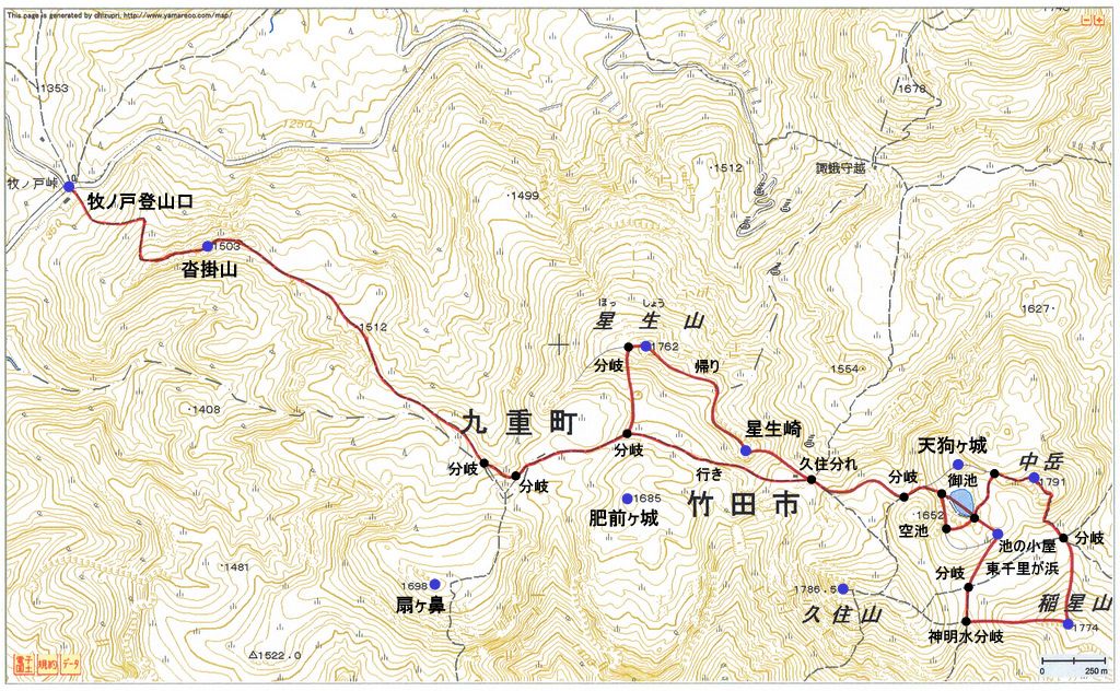2011.01.20　中岳（九重連山・大分）ルートマップ