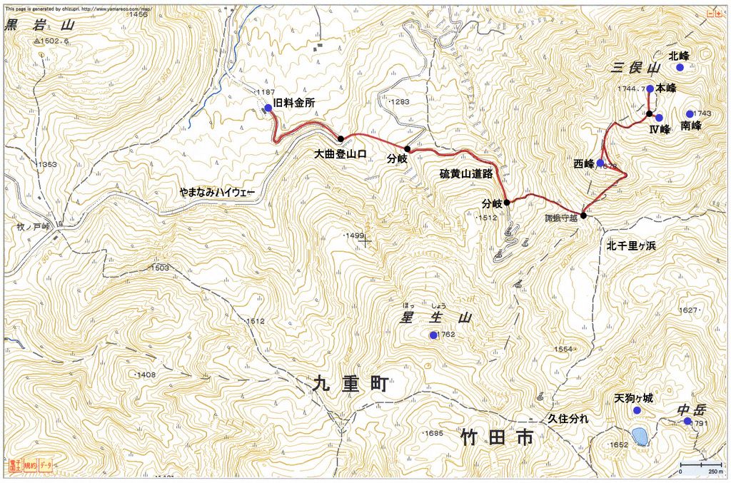 2011.02.01　三俣山（九重連山・大分）雪の朝駆け登山ルートマップ