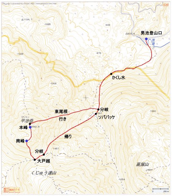 2011.04.04　平治岳（九重連山・大分）ルートマップ