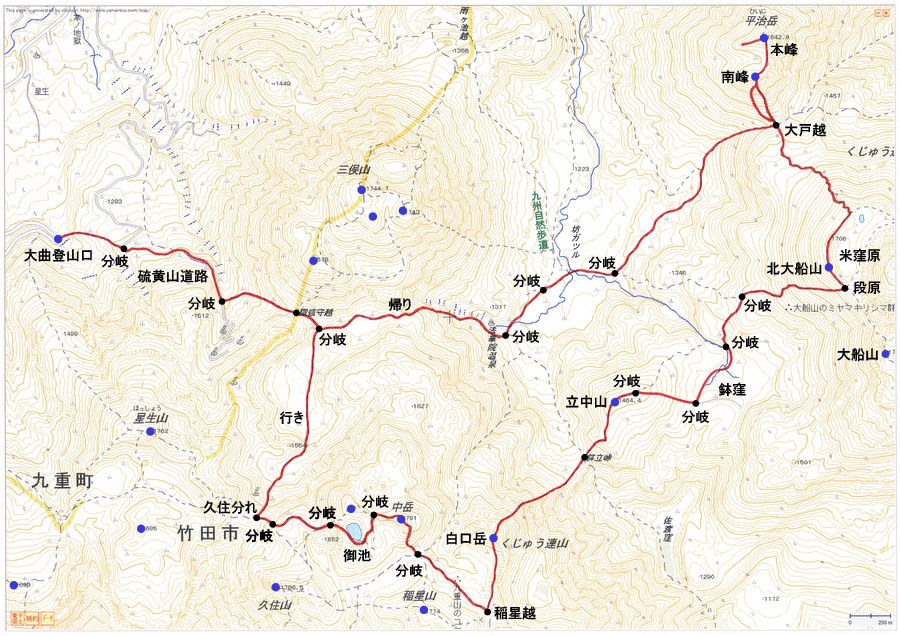 2011.06.09　平治岳（九重連山・大分）ルートマップ