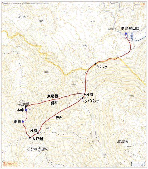2011.06.14　平治岳（九重連山・大分）ルートマップ