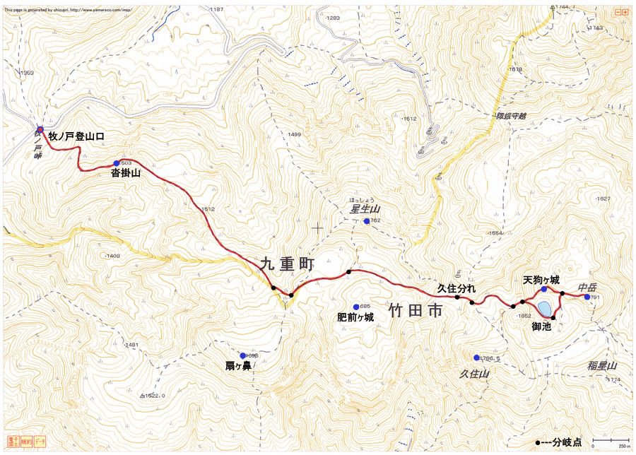2011.07.21　中岳（九重連山・大分の山）ルートマップ