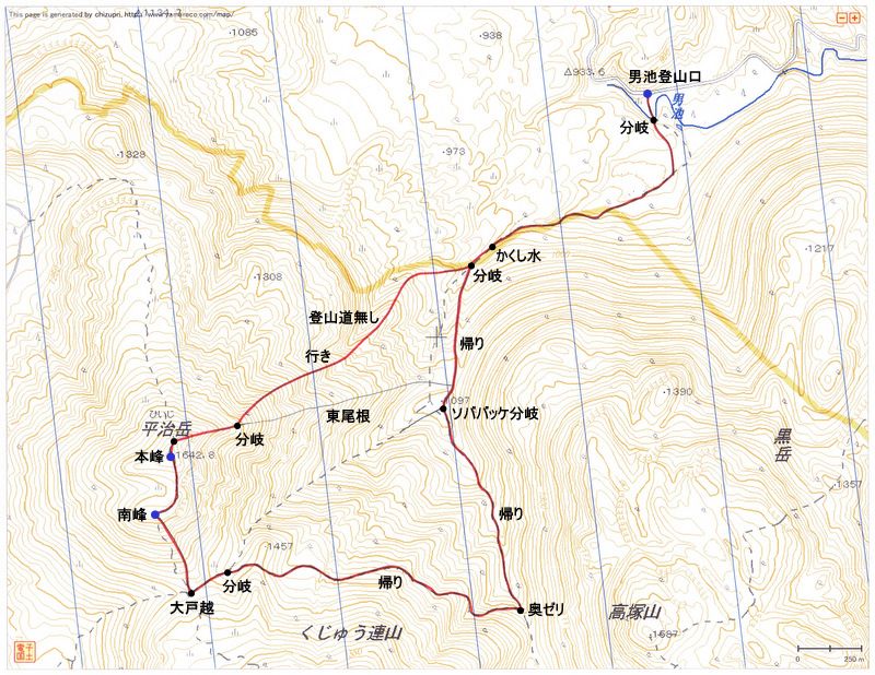 2011.10.31　平治岳（九重連山・大分）ルートマップ