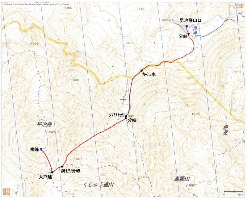 2011.11.26　平治岳・南峰（九重連山・大分）ルートマップ